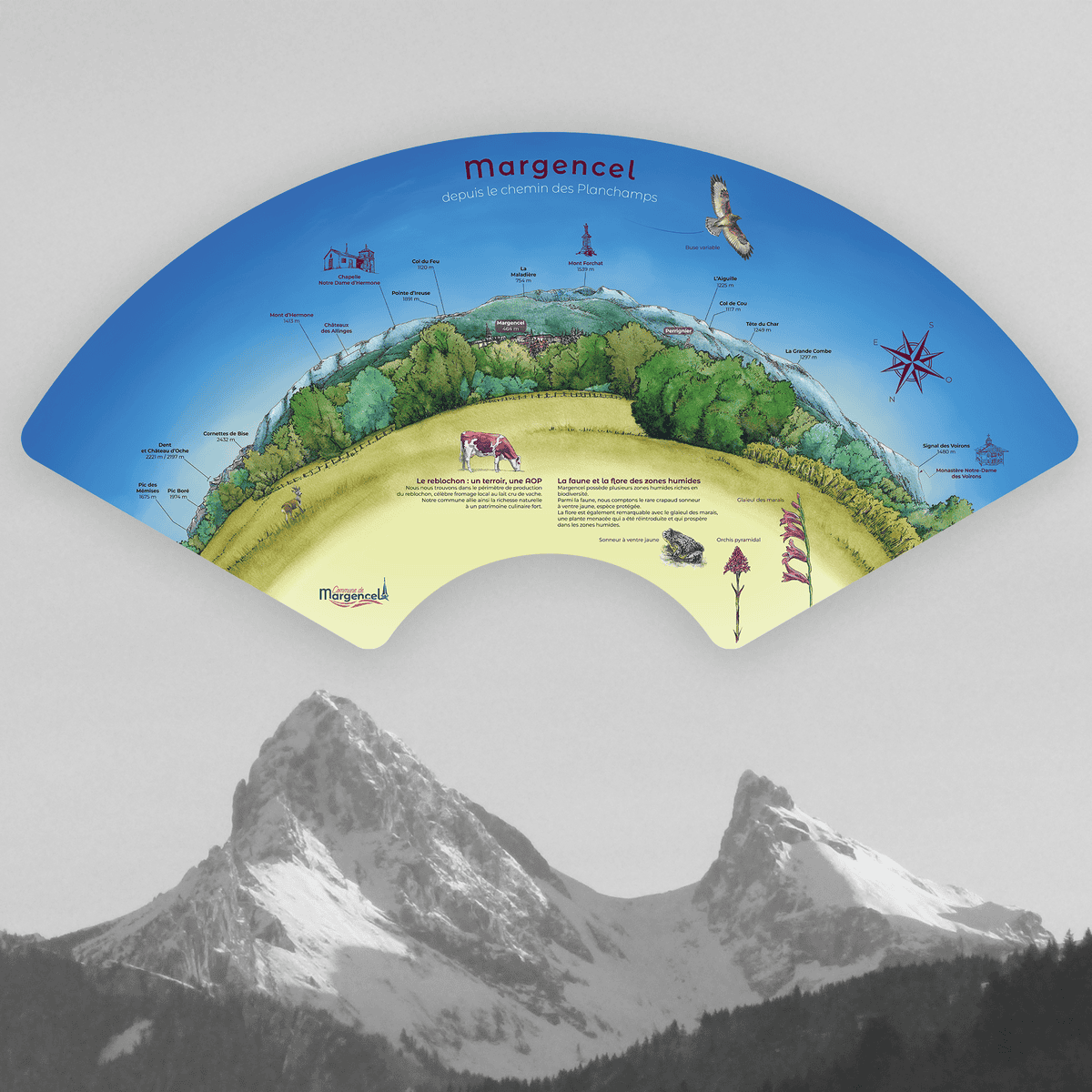 table d'orientation représentant une vue panoramique depuis la montagne du Salève avec la plaine du Genevois et le Léman en bas